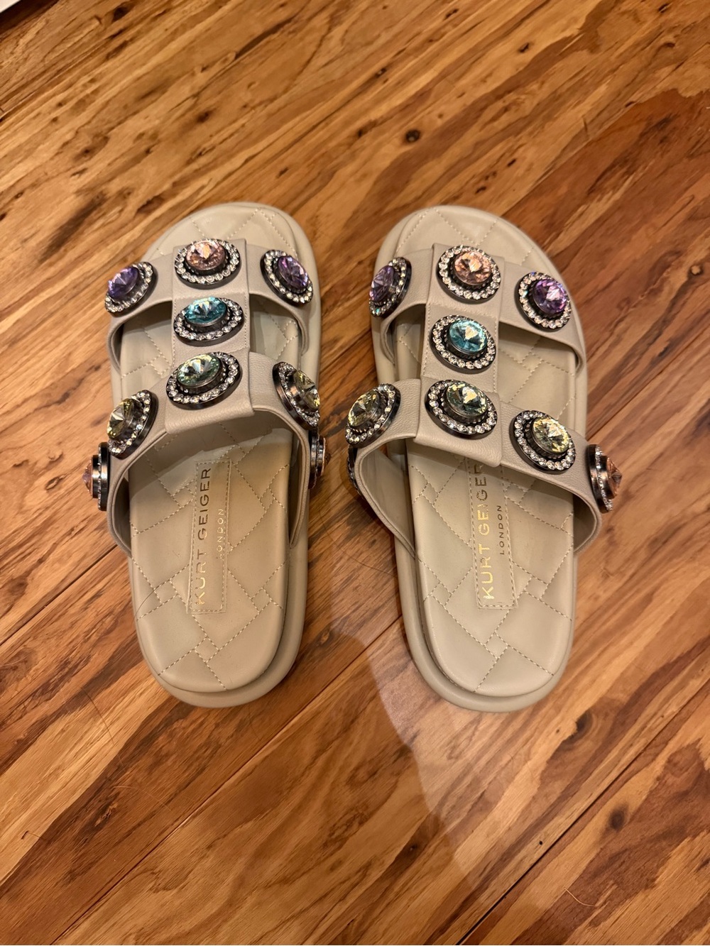 Kurt Geiger Cream Jeweled Double-Strap Slide Sandals